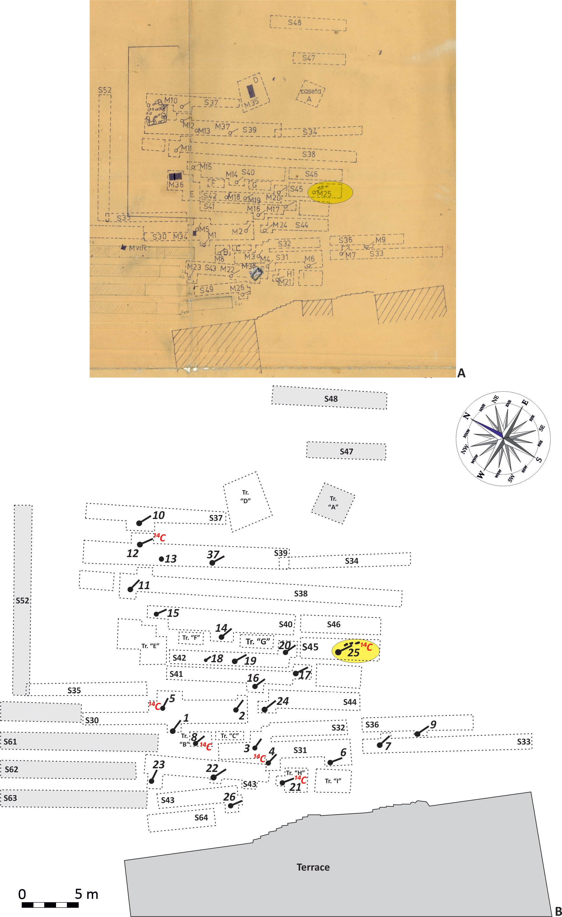 Plate 1. A–B. Cluj-Napoca-Plugarilor street, ground plan of the funerary site (the grave no. 25 was marked
with yellow).